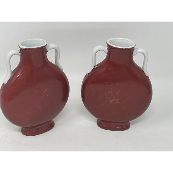 RARE! Pair Flambe OXBLOOD Red Chinese Porcelain Bird Vase ~Vintage - Picture 6 of 10